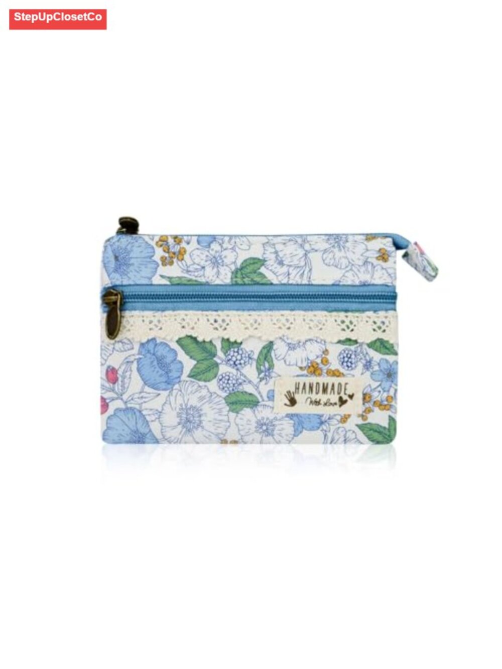 Floral Cotton Mini Coin Purse with 2 Zipper Pockets, 3 Compartments, Card